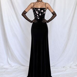 Vintage Y2K Black Pink Floral Beaded Embroidered Velvet Bodycon Maxi Prom Dress